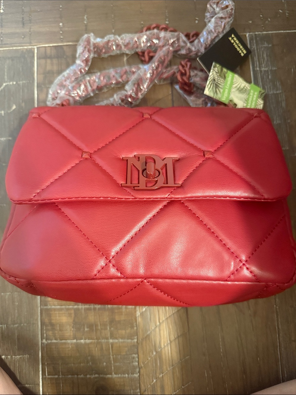 Badgley Mischka Quilted Red Shoulder Bag with Red Chain Strap